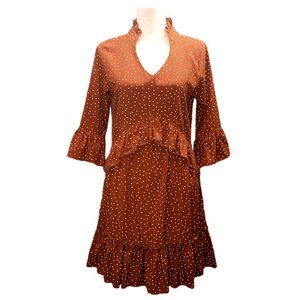 Mitilly Ruffle Polka Dot Pocket Loose Swing Casual Short T-Shirt Dress Brown S